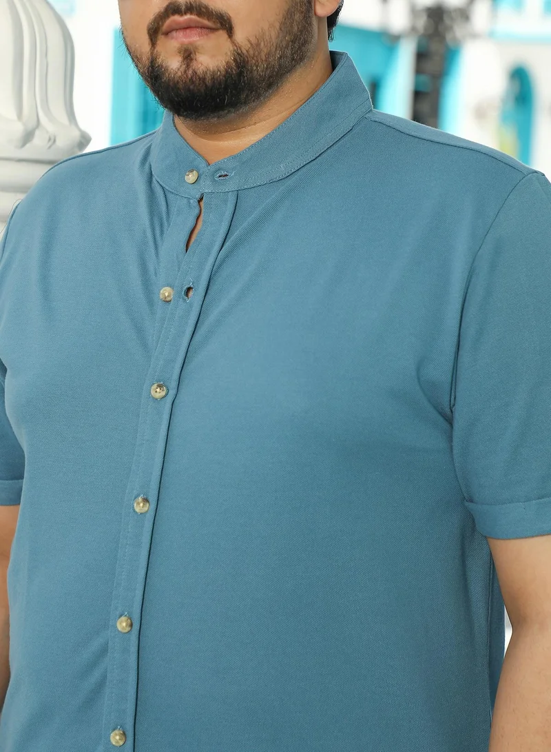 Instafab Plus  Men's Prussian Blue Basic Shirt For Casual Wear | Mandarin Collar | Short Regular Sleeves | Button Closure | Plus Size Shirt Crafted With Comfort Fit For Everyday Wear for Men | Best Price UAE